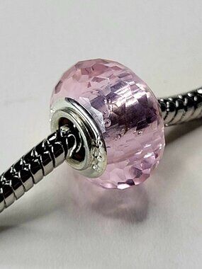 Translucent Pink 925 Sterling For Pandora Bracelet Glass Faceted European Bead